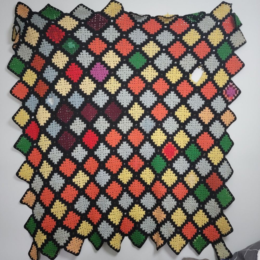 Granny Square Throw Blanket Afghan Handmade Crochet Colorful 60x60 Vintage